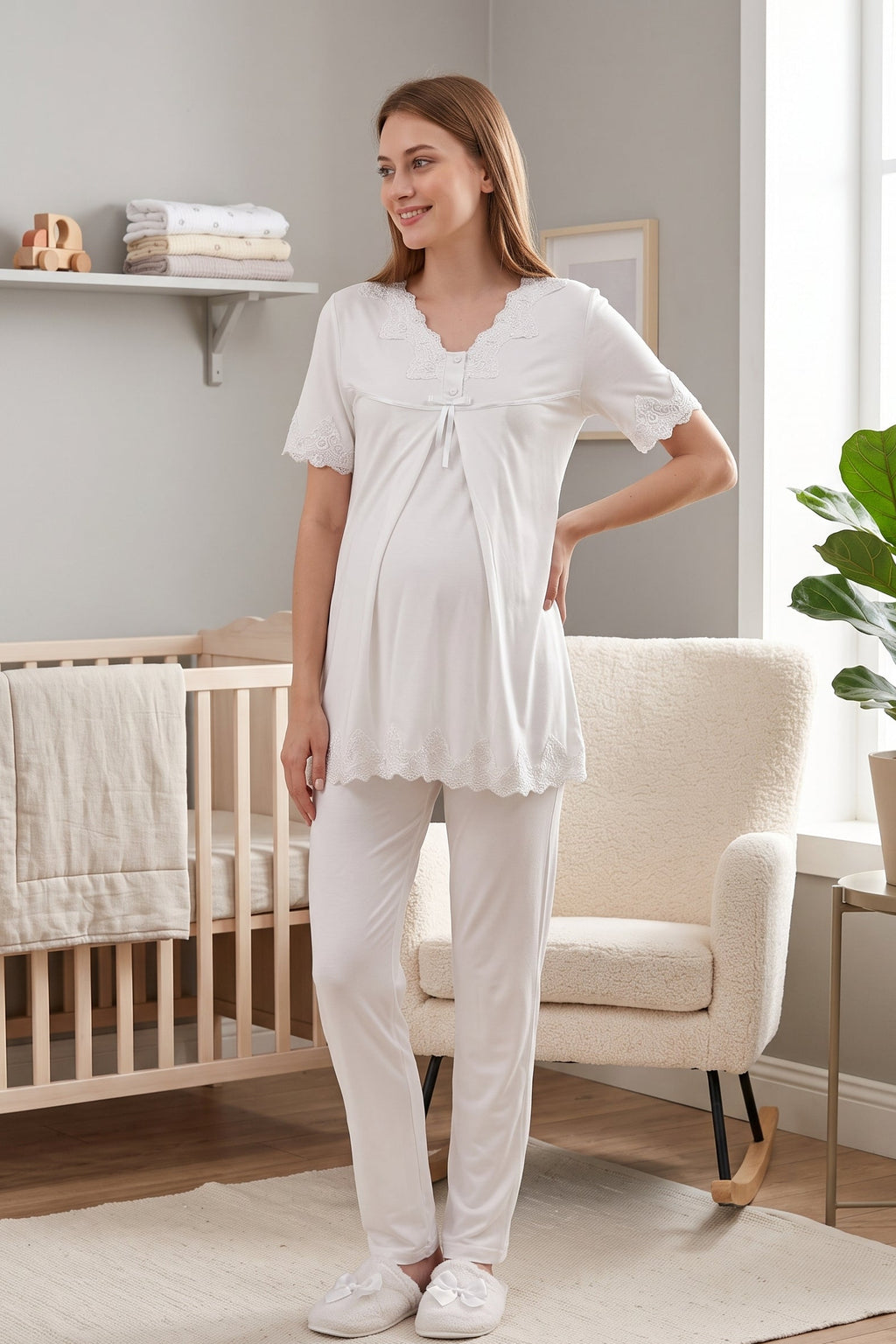 Lace Detailed Maternity & Nursing Pajama Set Ecru - 5032