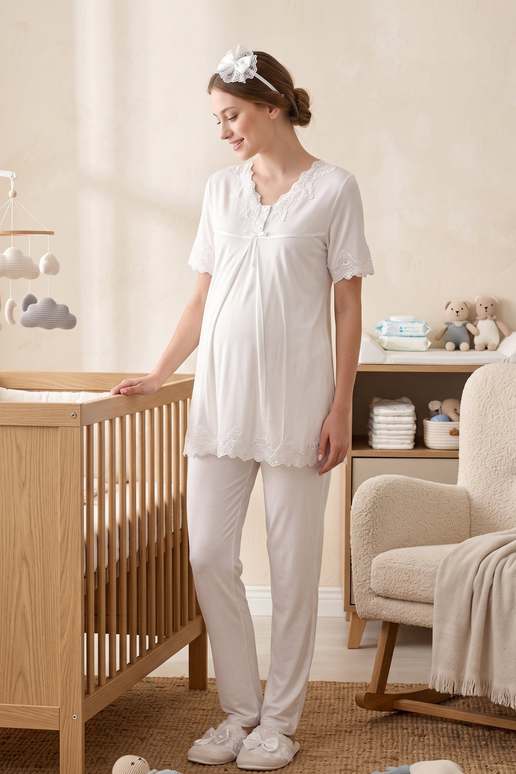 Lace Detailed Maternity & Nursing Pajama Set Ecru - 5032