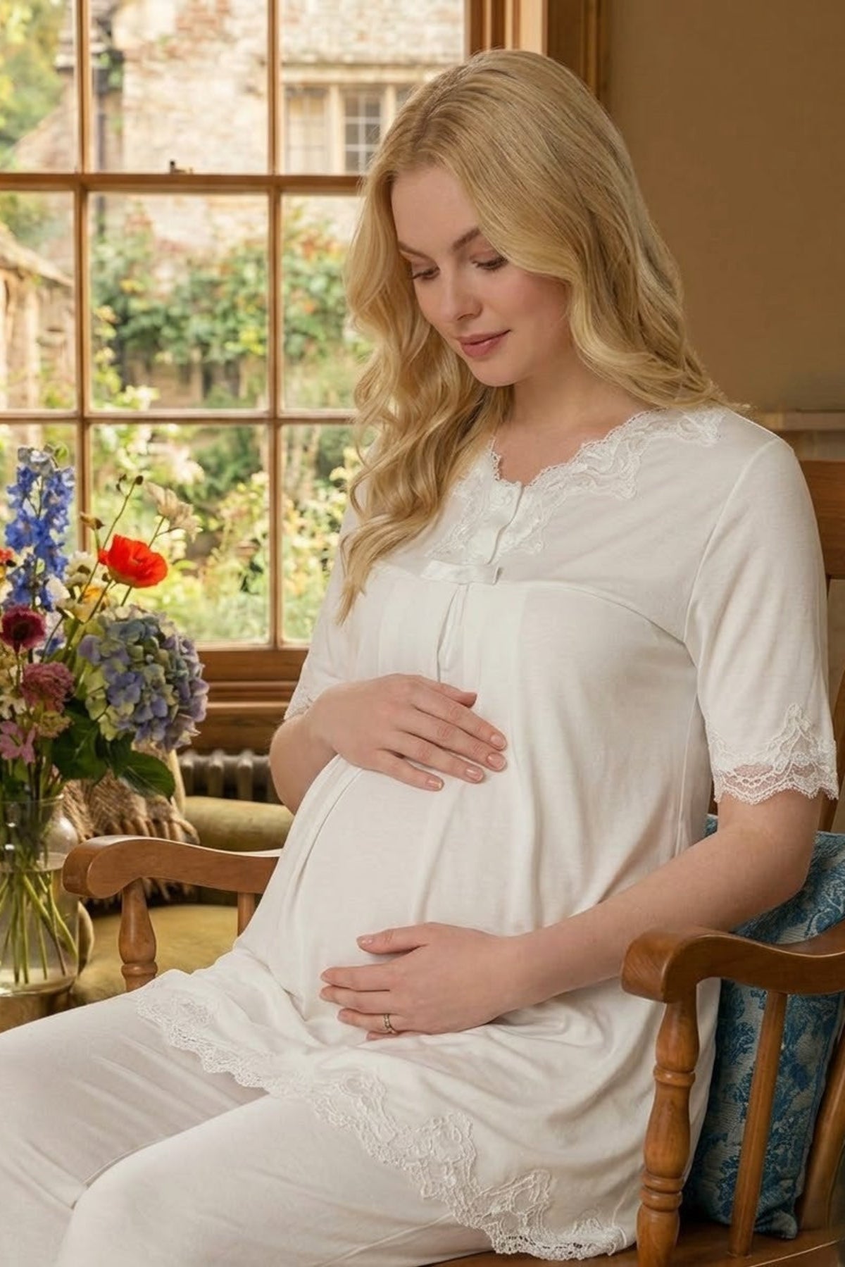 Lace Detailed Maternity & Nursing Pajama Set Ecru - 5032