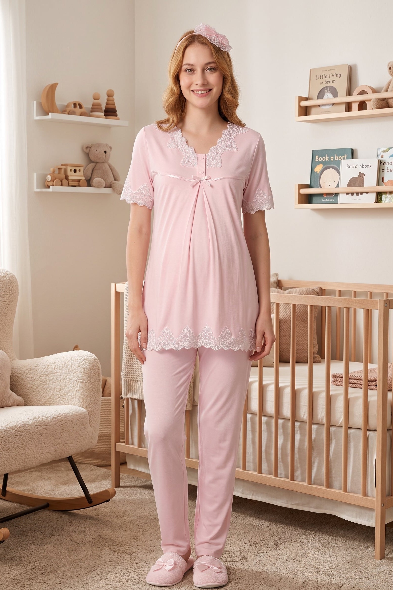Lace Detailed Maternity & Nursing Pajama Set Pink - 5032