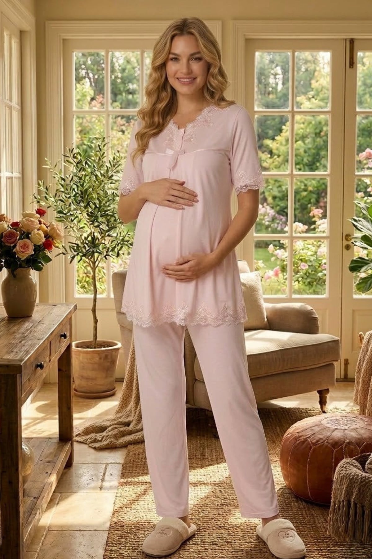 Lace Detailed Maternity & Nursing Pajama Set Pink - 5032