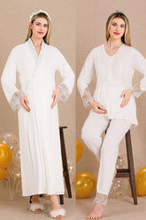 Lace Sleeve and Lace Detailed 4-Piece Maternity-Nursing Set Ecru - 503204