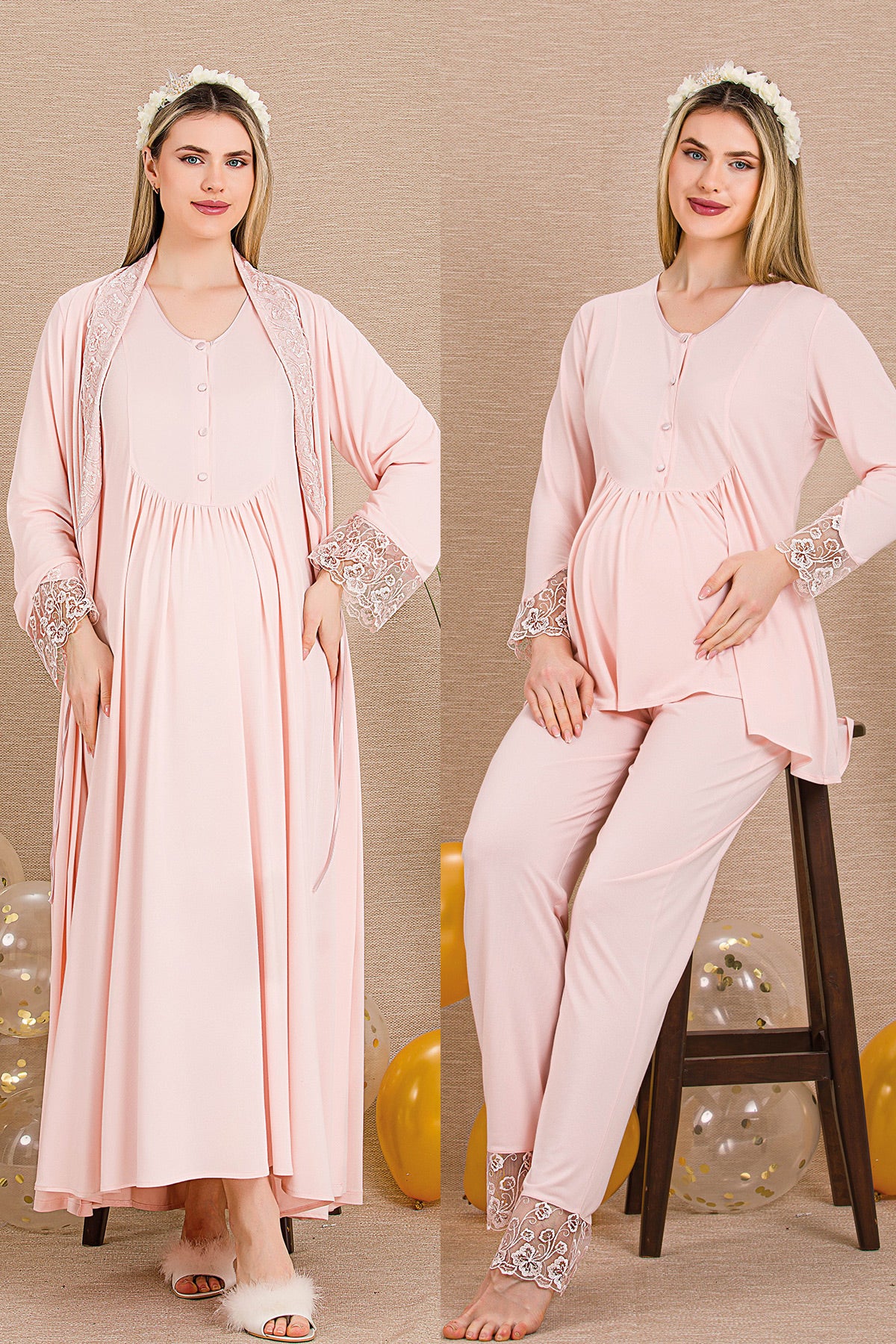 Lace Sleeve and Lace Detailed 4-Piece Maternity-Nursing Set Pink - 503204