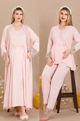 Lace Sleeve and Lace Detailed 4-Piece Maternity-Nursing Set Pink - 503204