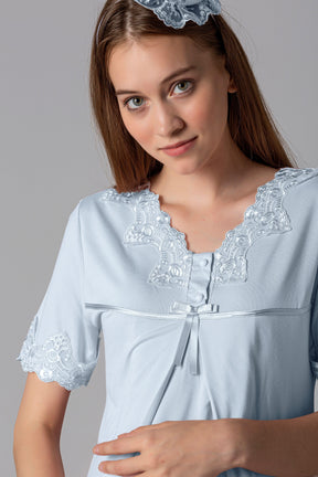 Lace Detailed Maternity & Nursing Pajama Set Blue - 5032