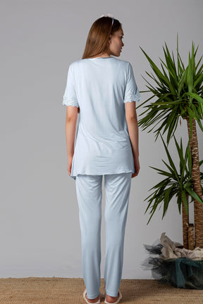 Lace Detailed Maternity & Nursing Pajama Set Blue - 5032