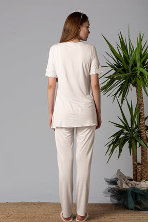 Lace Detailed Maternity & Nursing Pajama Set Ecru - 5032