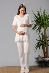 Lace Detailed Maternity & Nursing Pajama Set Ecru - 5032