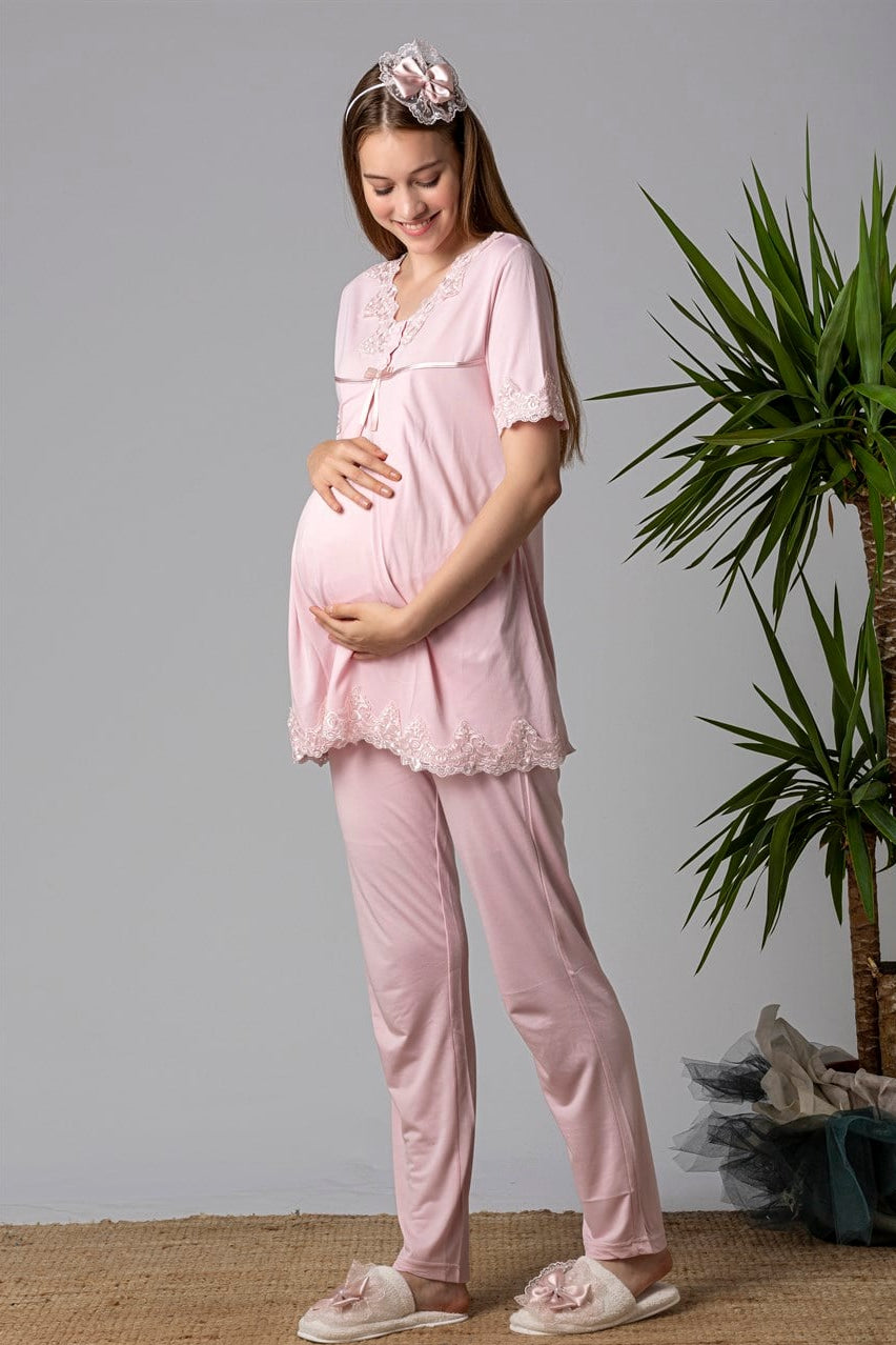 Lace Detailed 4-Piece Maternity-Nursing Set Pink - 5036