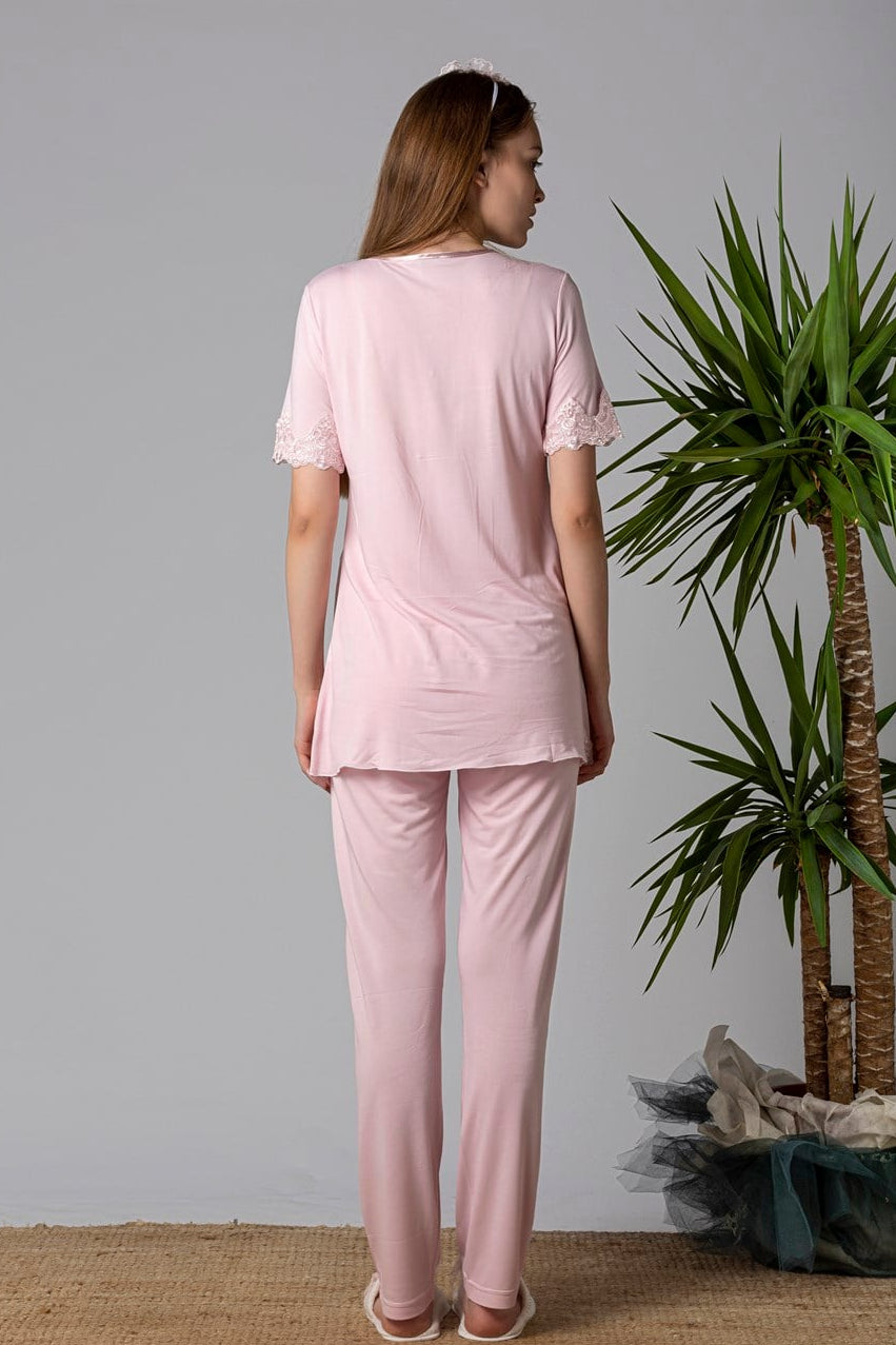 Lace Detailed Maternity & Nursing Pajama Set Pink - 5032