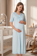 Lace Detailed Maternity & Nursing Nightgown Blue - 5033