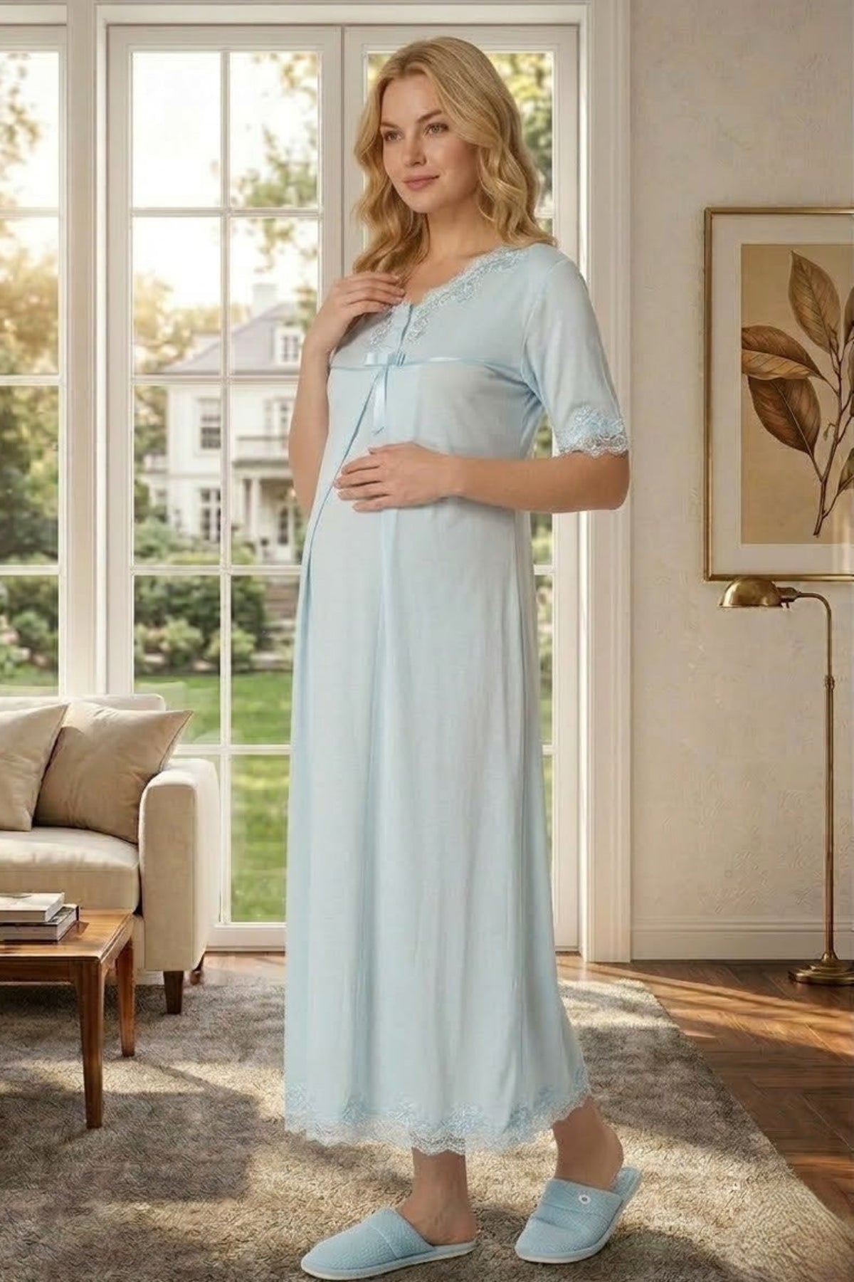Lace Detailed Maternity & Nursing Nightgown Blue - 5033