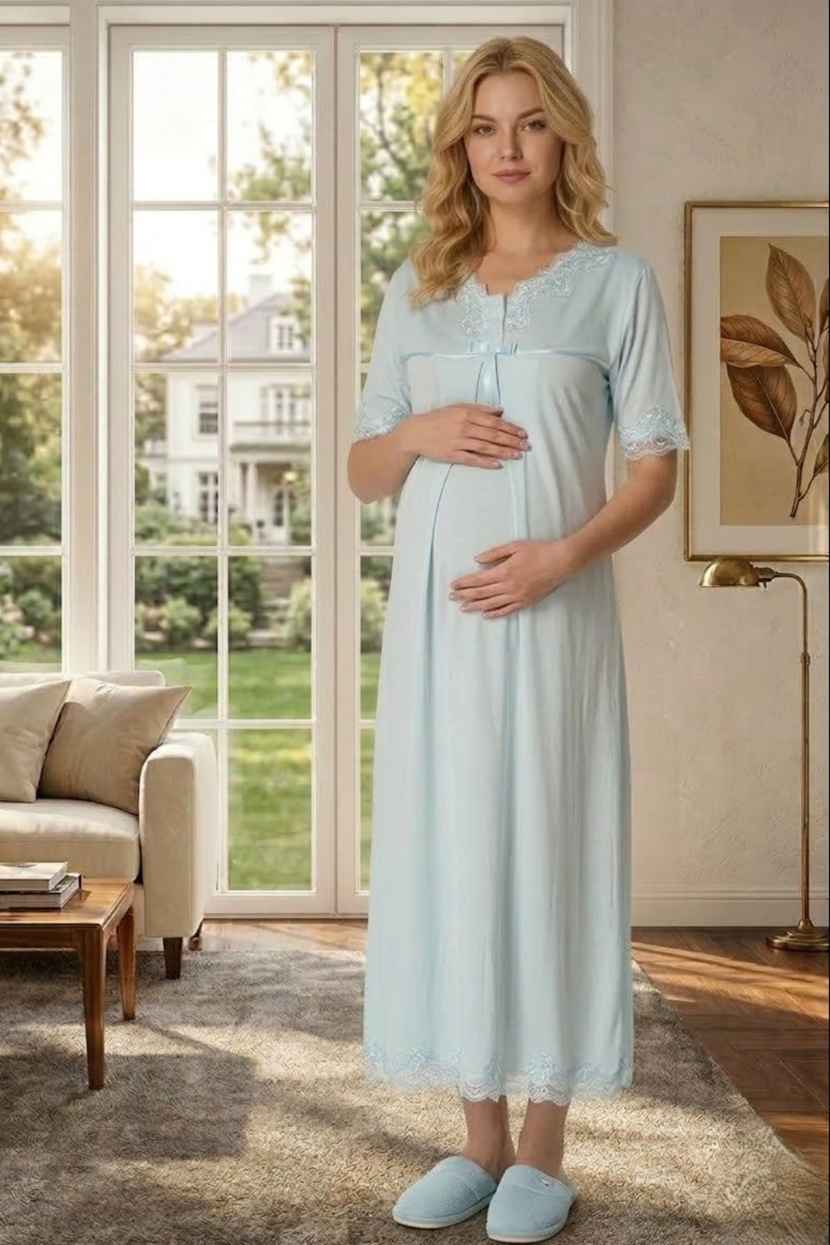 Lace Detailed Maternity & Nursing Nightgown Blue - 5033