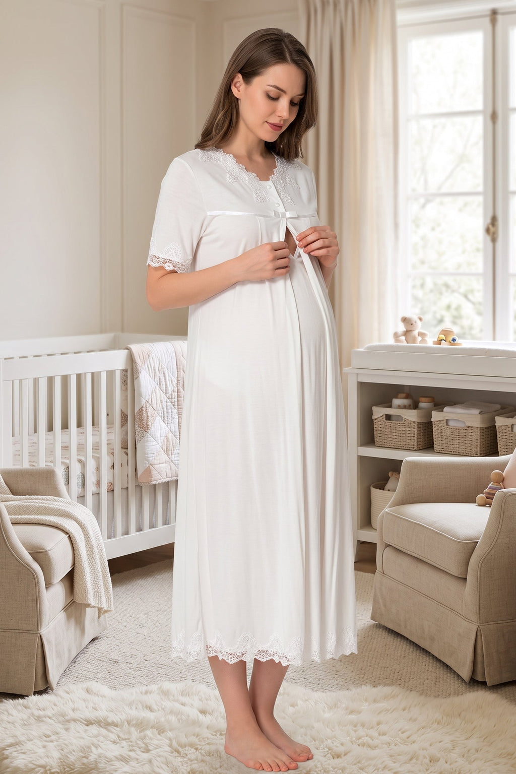 Lace Detailed Maternity & Nursing Nightgown Ecru - 5033