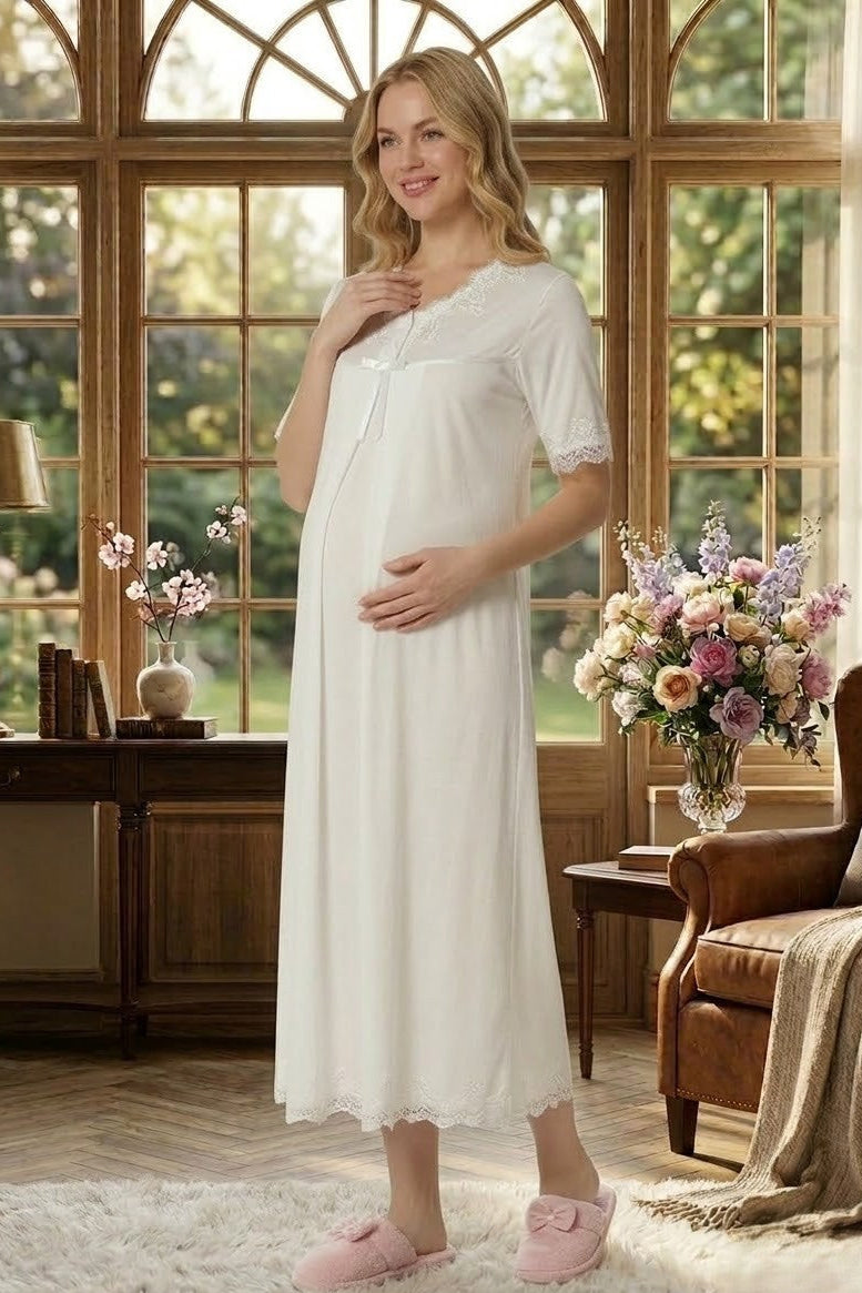 Lace Detailed Maternity & Nursing Nightgown Ecru - 5033