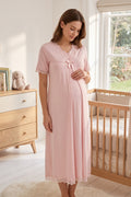 Lace Detailed Maternity & Nursing Nightgown Pink - 5033