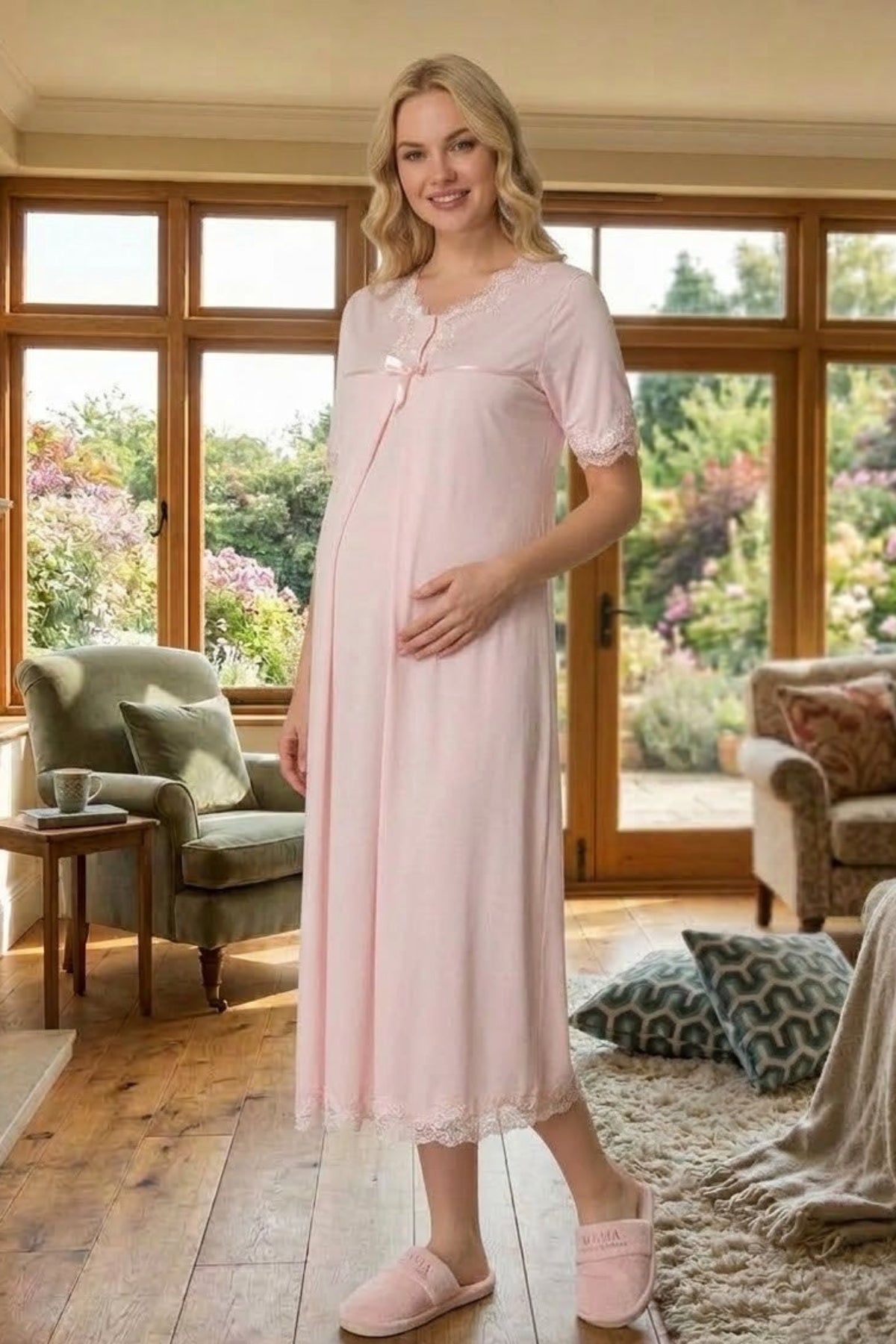 Lace Detailed Maternity & Nursing Nightgown Pink - 5033