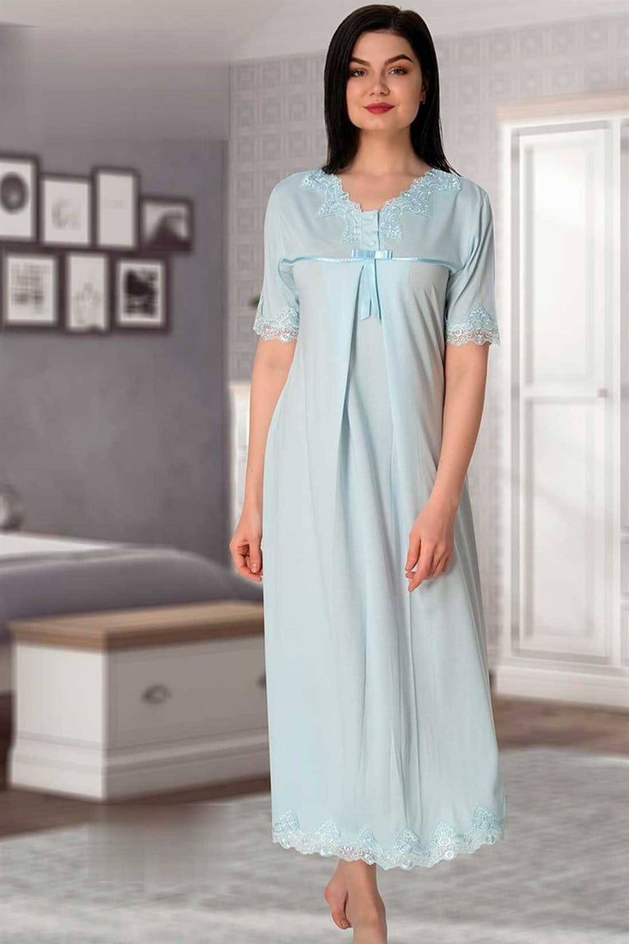 Lace Detailed 4-Piece Maternity-Nursing Set Blue - 5036