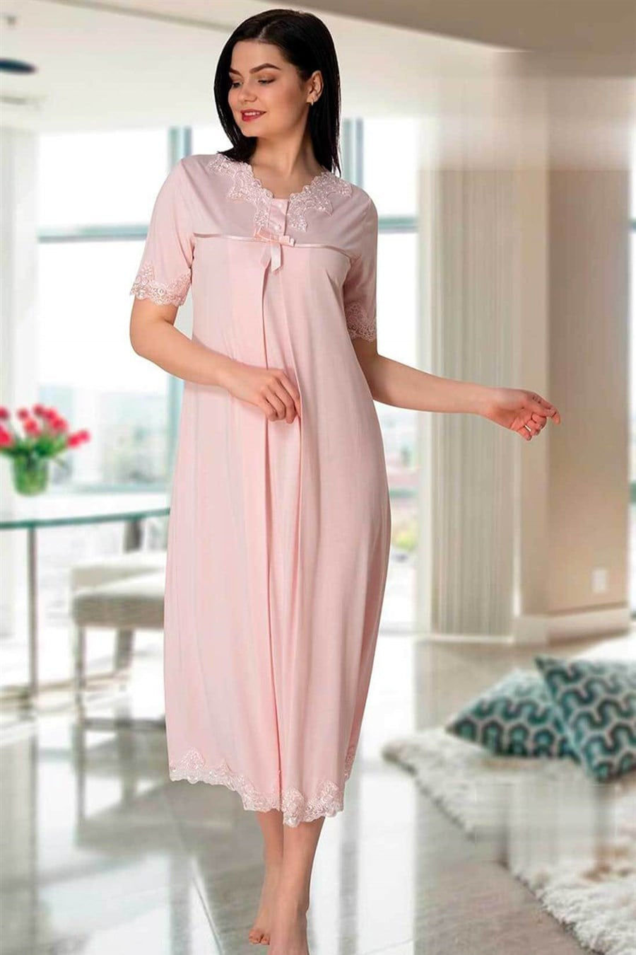 Lace Detailed 4-Piece Maternity-Nursing Set Pink - 5036