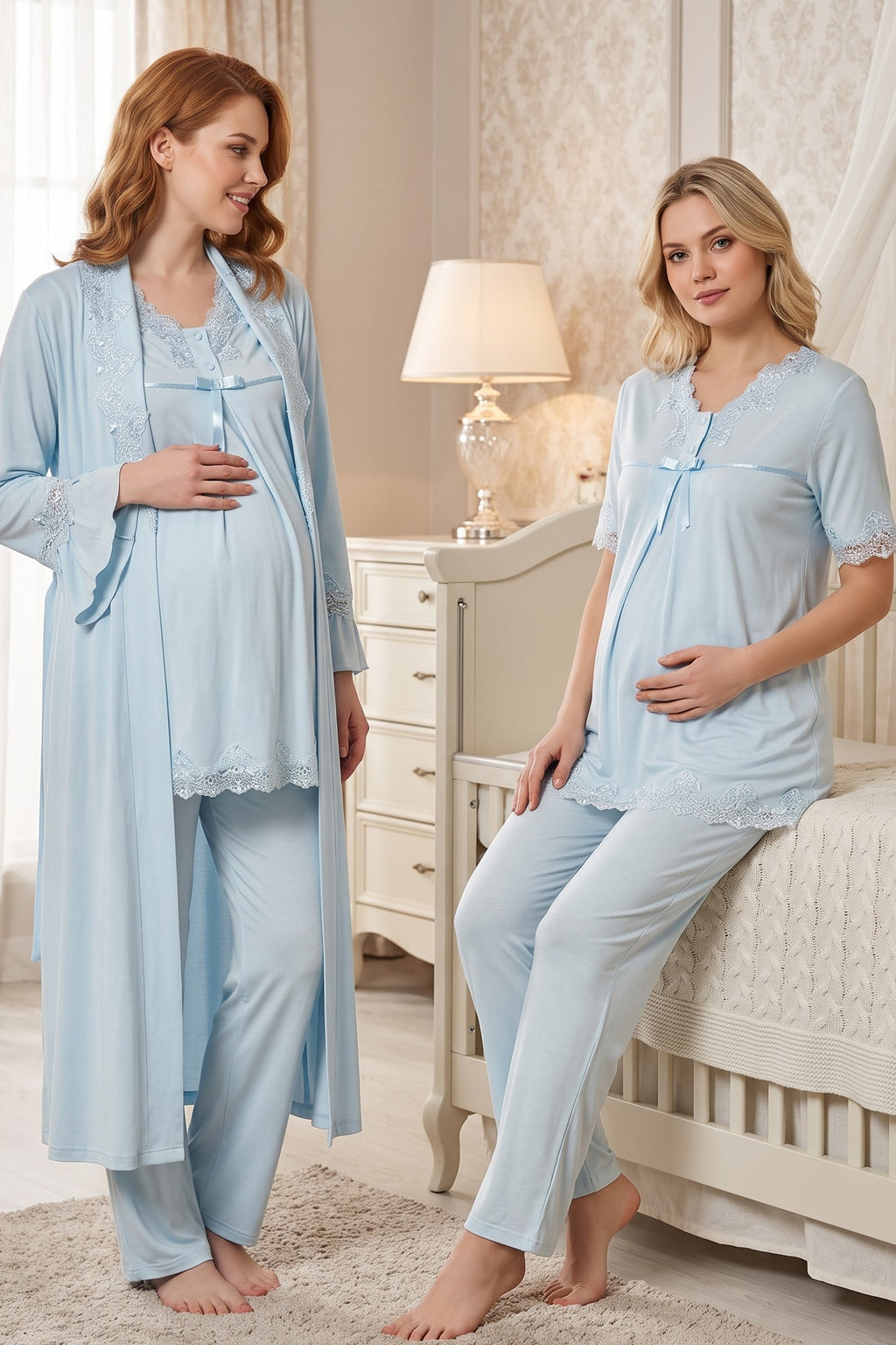 Lace Detailed 3-Piece Maternity-Nursing Pajama & Robe Set Blue - 5034