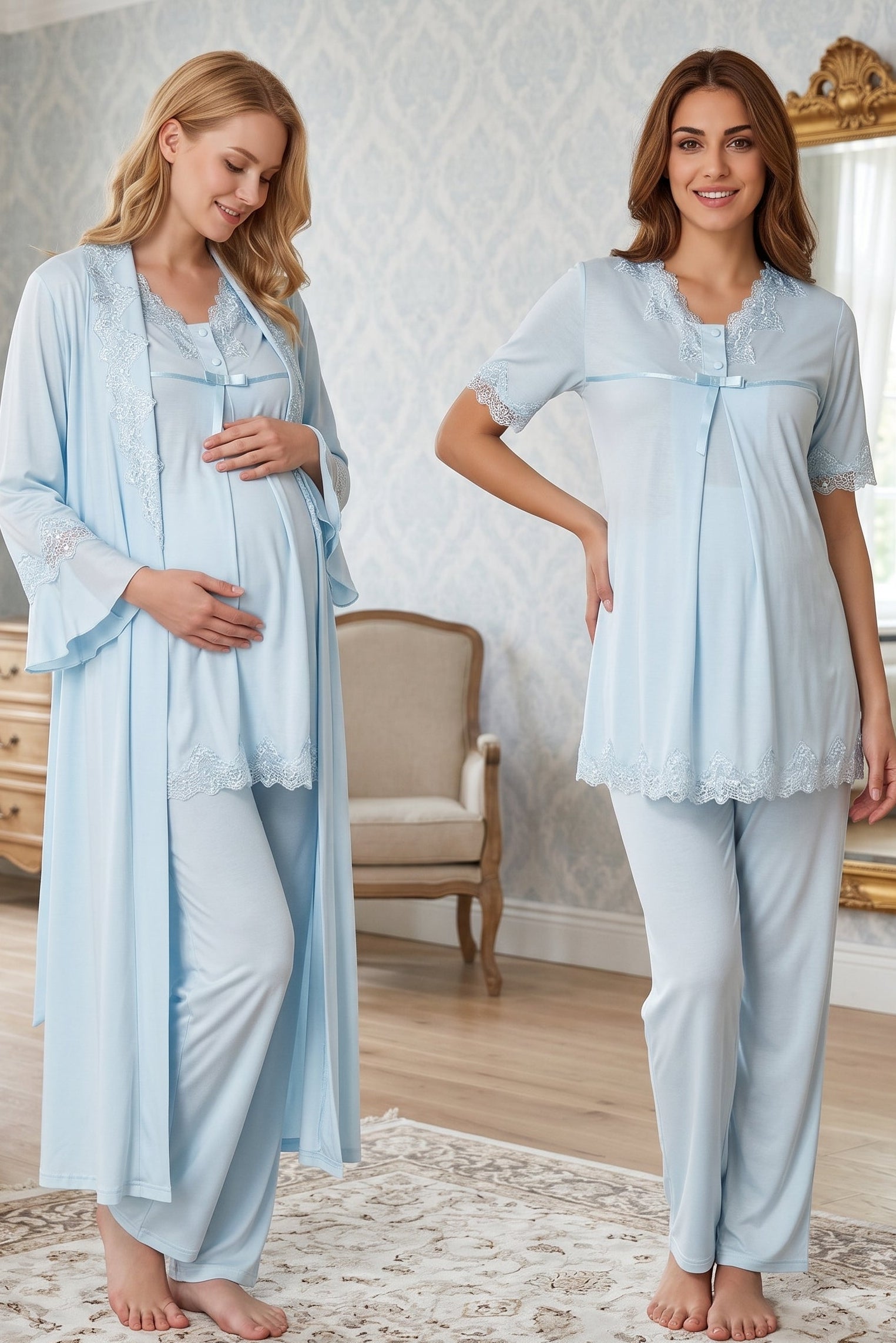 Lace Detailed 3-Piece Maternity-Nursing Pajama & Robe Set Blue - 5034