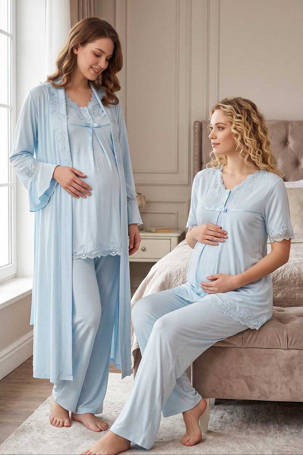 Lace Detailed 3-Piece Maternity-Nursing Pajama & Robe Set Blue - 5034