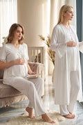 Lace Detailed 3-Piece Maternity-Nursing Pajama & Robe Set Ecru - 5034