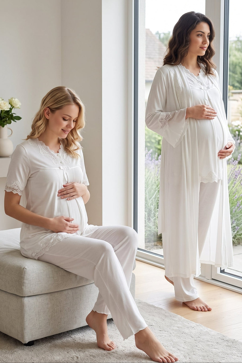 Lace Detailed 3-Piece Maternity-Nursing Pajama & Robe Set Ecru - 5034