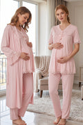 Lace Detailed 3-Piece Maternity-Nursing Pajama & Robe Set Pink - 5034