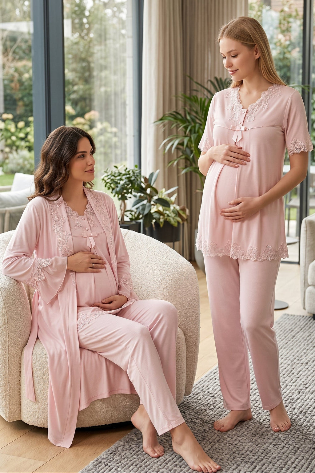 Lace Detailed 3-Piece Maternity-Nursing Pajama & Robe Set Pink - 5034
