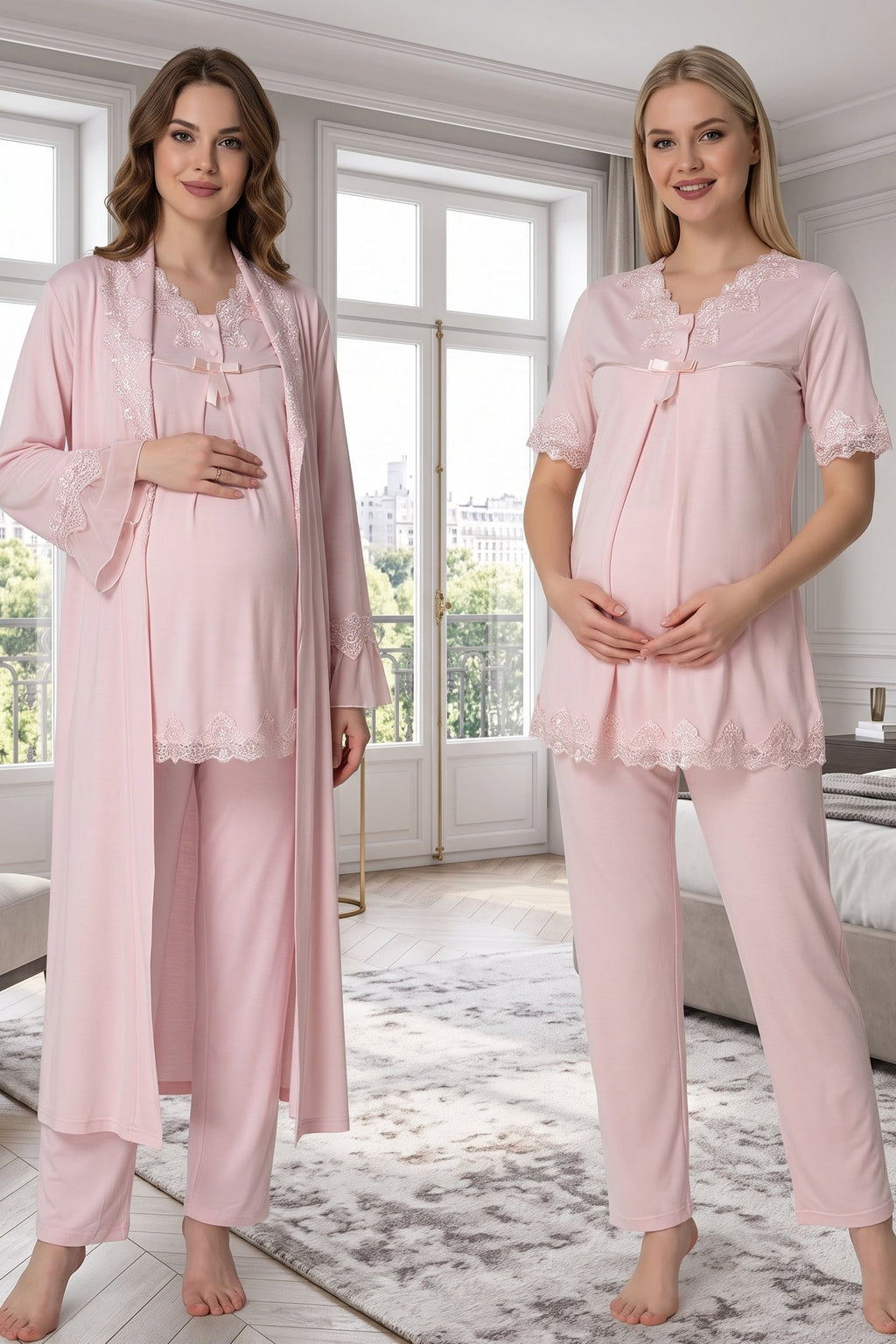 Lace Detailed 3-Piece Maternity-Nursing Pajama & Robe Set Pink - 5034