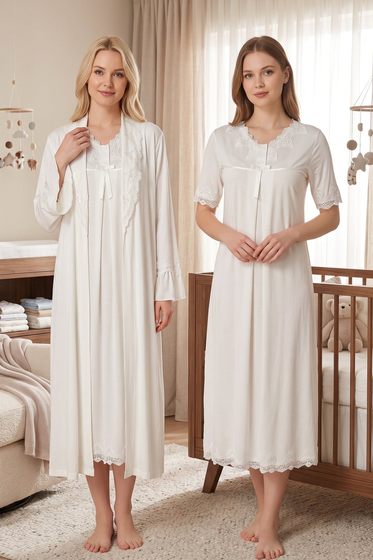 Lace Detailed Maternity-Nursing Nightgown & Robe Set Ecru - 5035