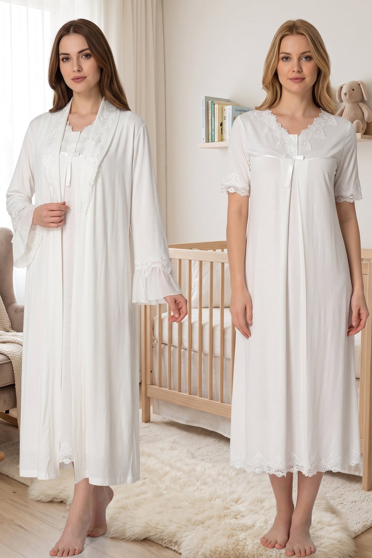 Lace Detailed Maternity-Nursing Nightgown & Robe Set Ecru - 5035