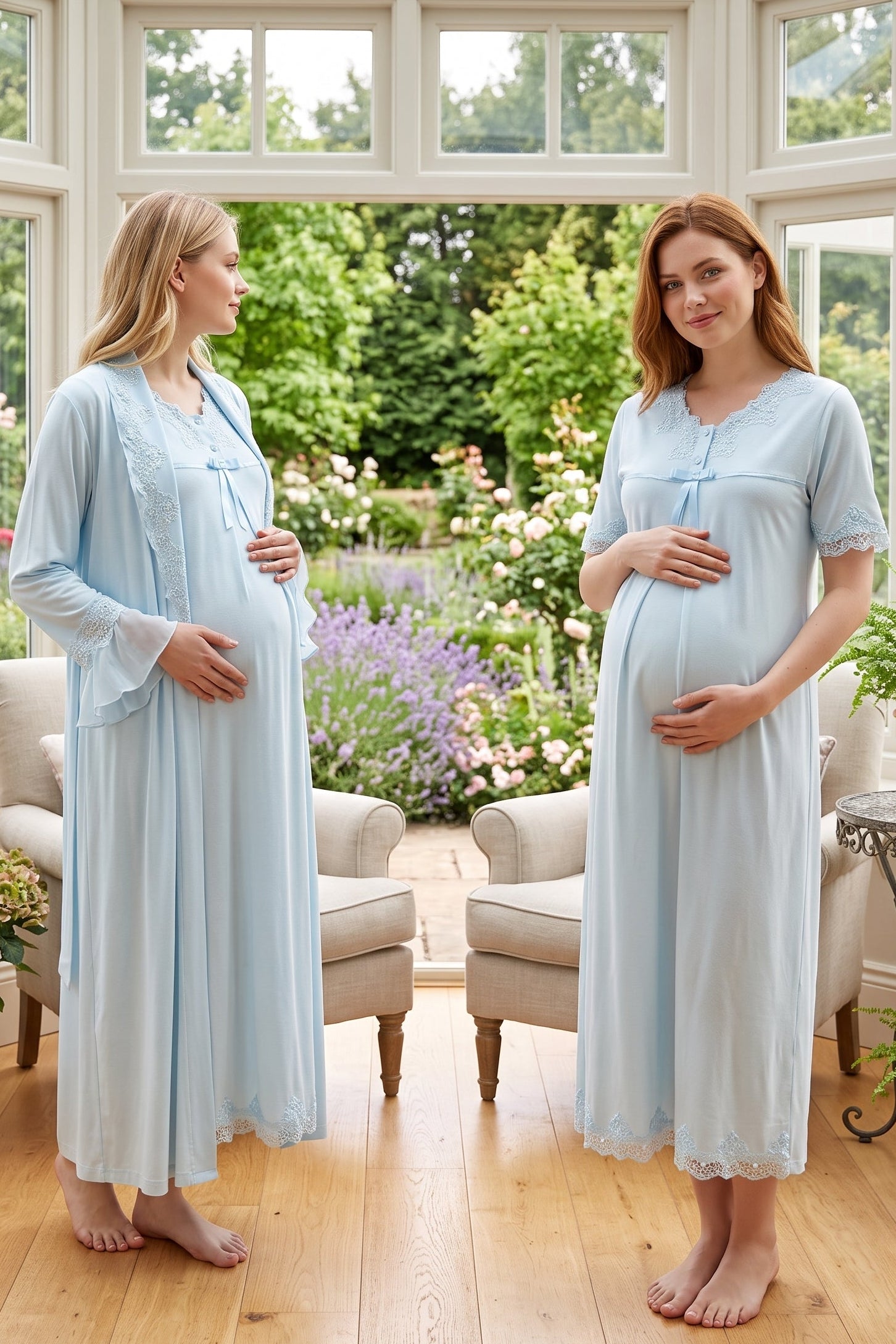 Lace Detailed Maternity-Nursing Nightgown & Robe Set Blue - 5035