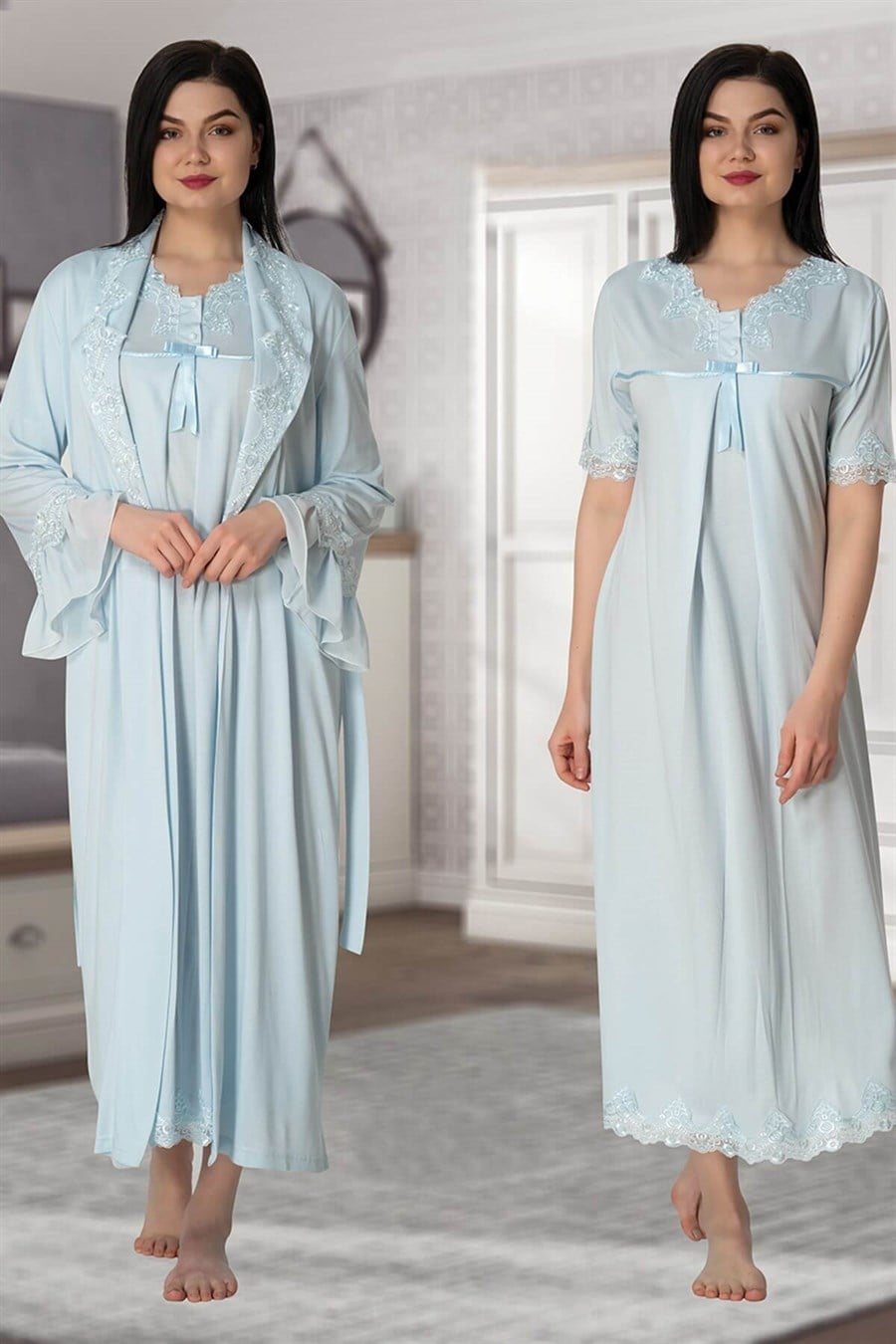 Lace Detailed 4-Piece Maternity-Nursing Set Blue - 5036