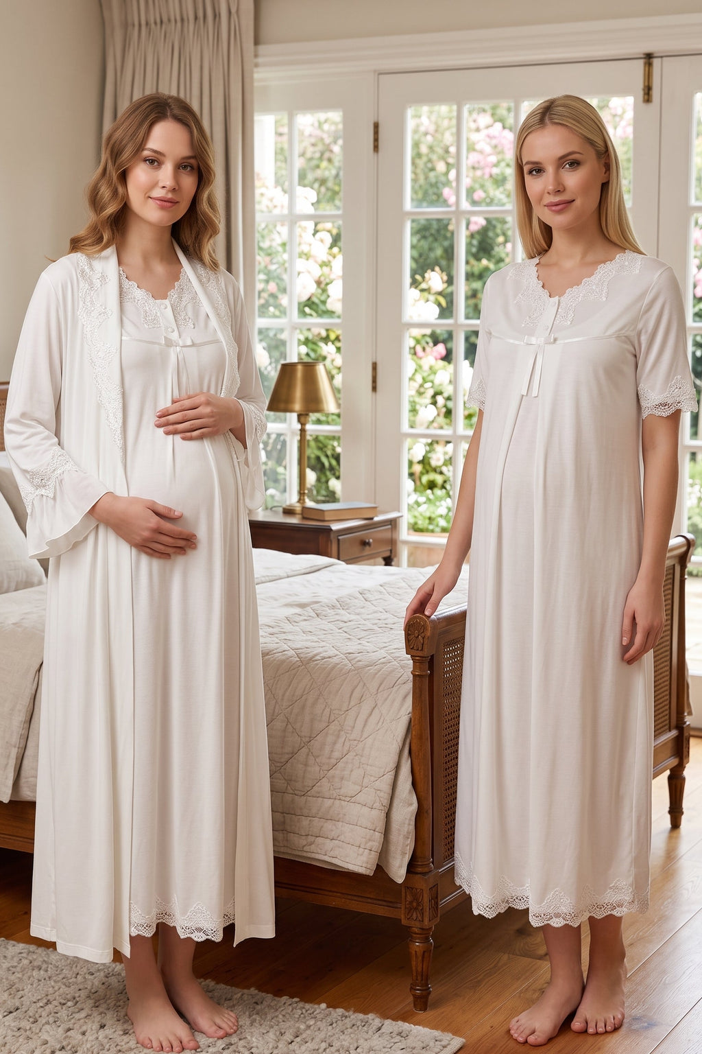Lace Detailed Maternity-Nursing Nightgown & Robe Set Ecru - 5035