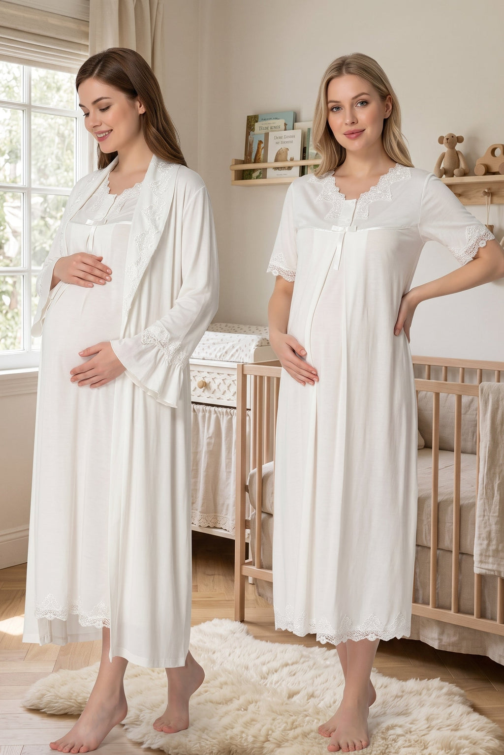 Lace Detailed Maternity-Nursing Nightgown & Robe Set Ecru - 5035