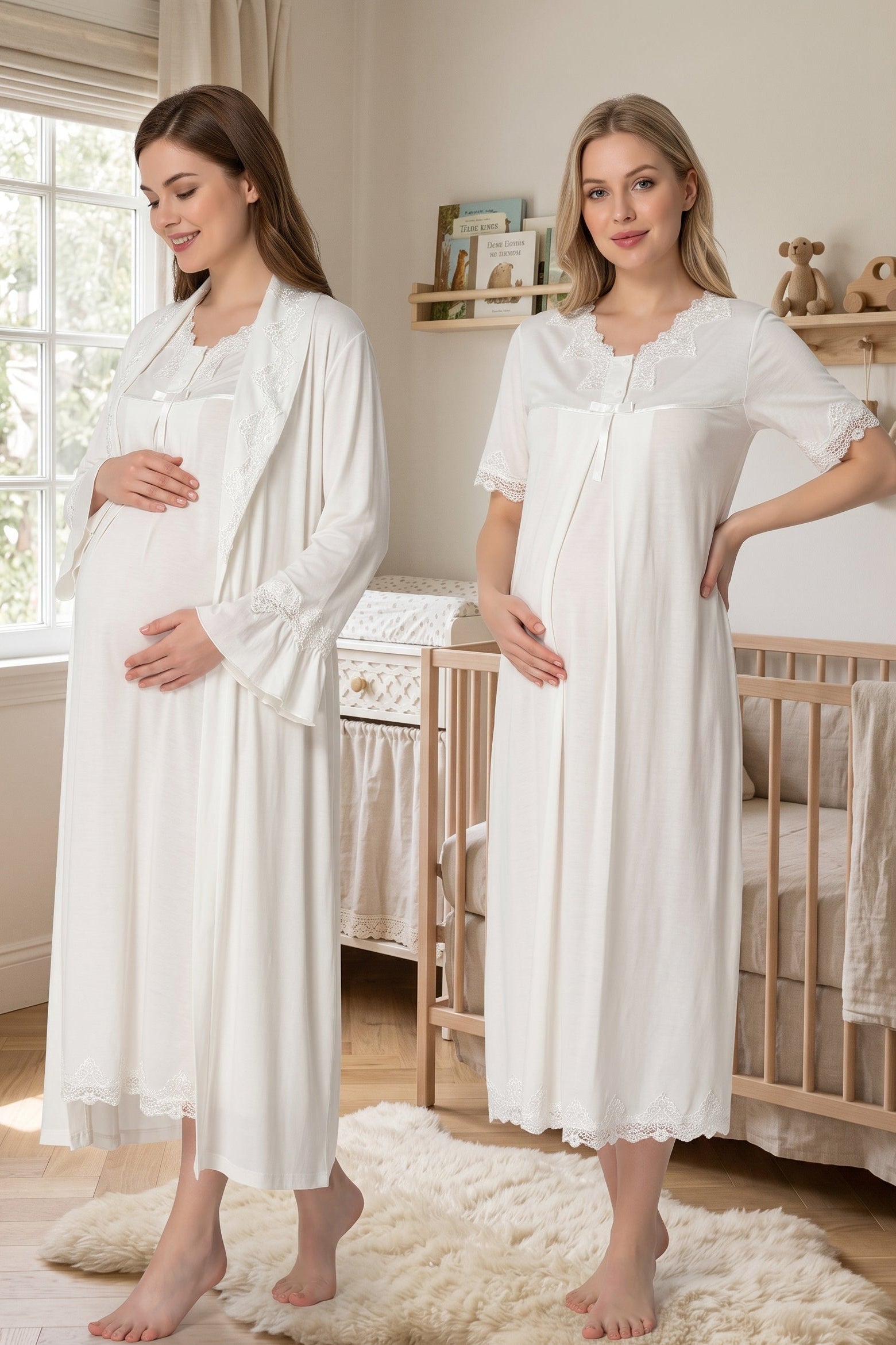 Lace Detailed Maternity-Nursing Nightgown & Robe Set Ecru - 5035