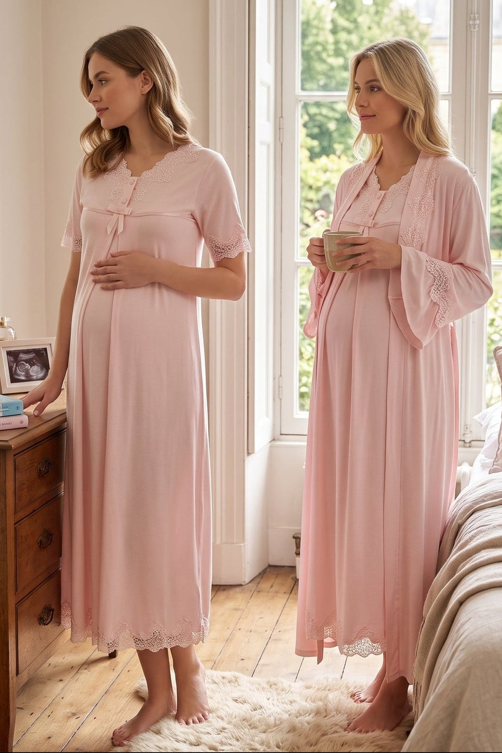 Lace Detailed Maternity-Nursing Nightgown & Robe Set Pink - 5035