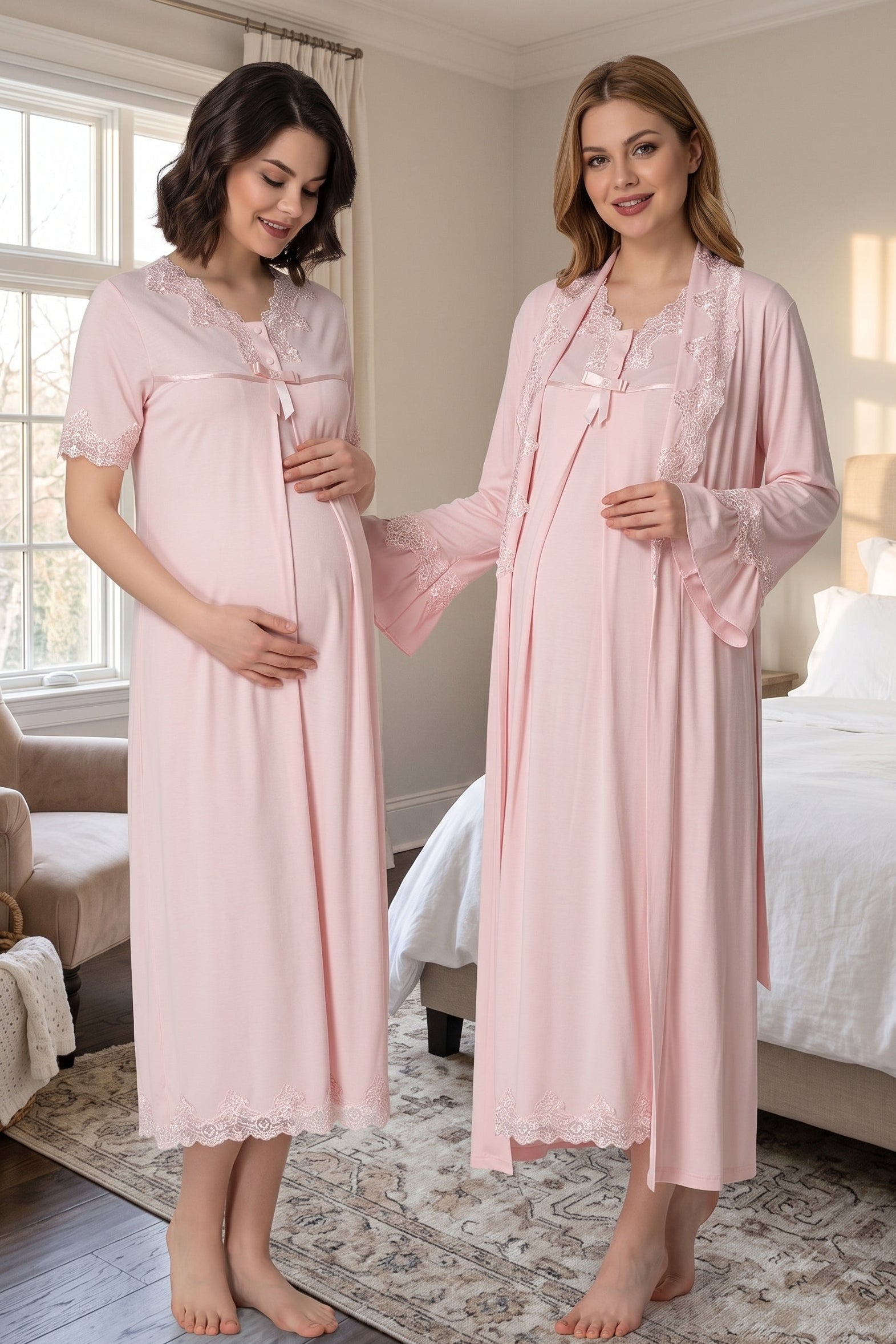 Lace Detailed Maternity-Nursing Nightgown & Robe Set Pink - 5035