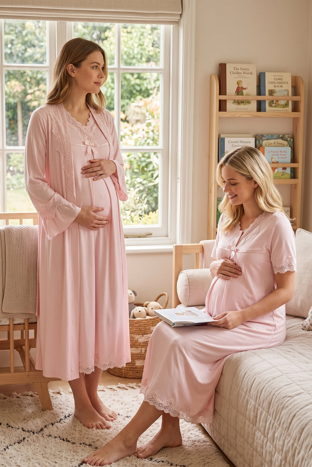 Lace Detailed Maternity-Nursing Nightgown & Robe Set Pink - 5035