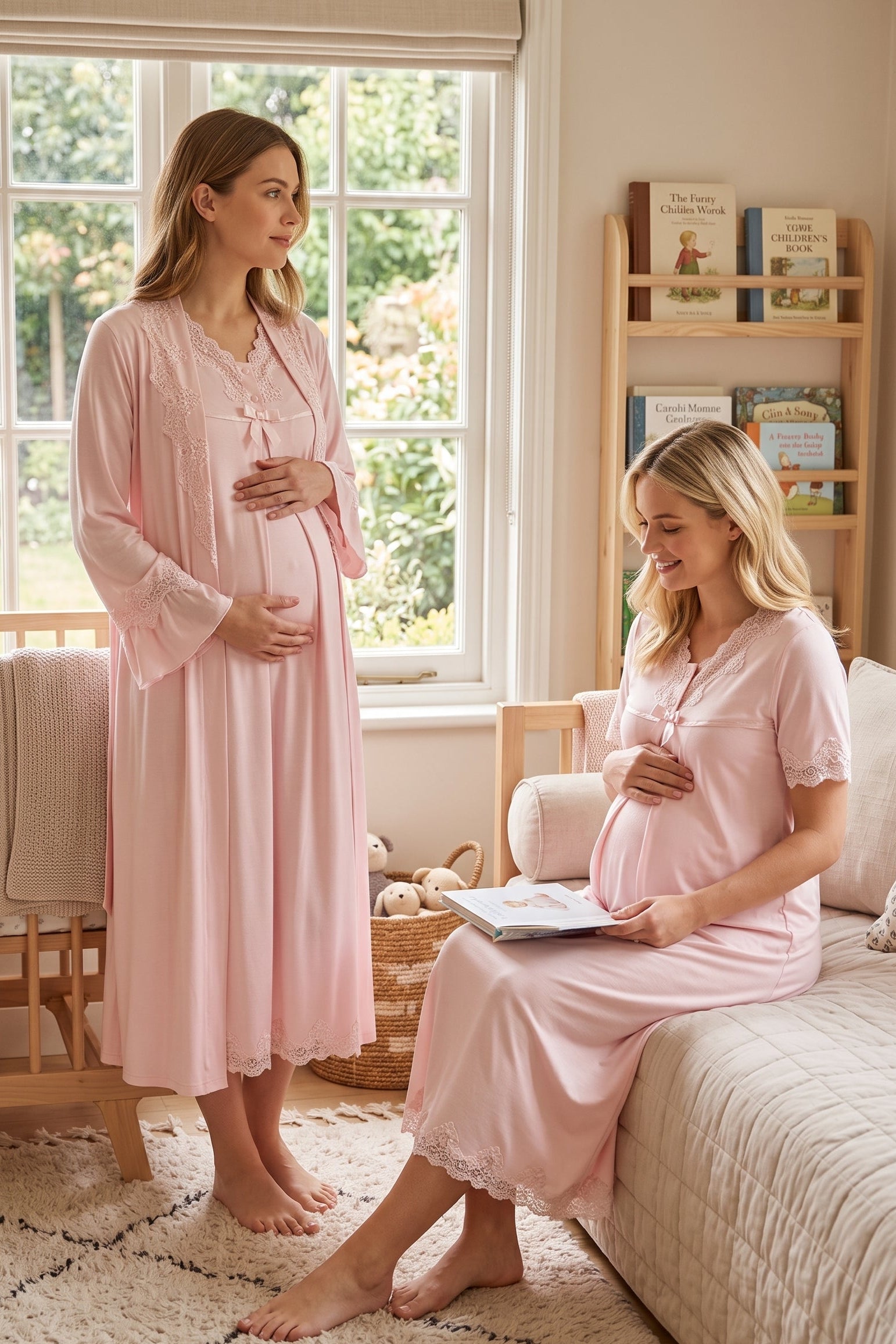 Lace Detailed Maternity-Nursing Nightgown & Robe Set Pink - 5035