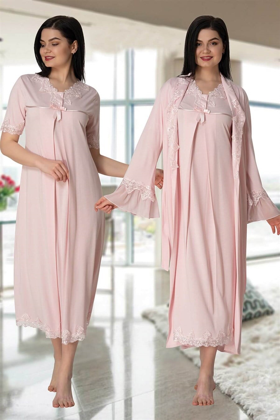 Lace Detailed 4-Piece Maternity-Nursing Set Pink - 5036