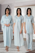 Lace Detailed 4-Piece Maternity-Nursing Set Blue - 5036
