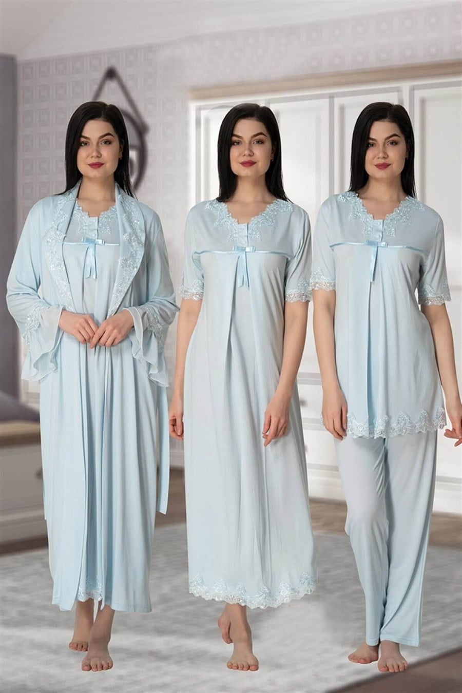 Lace Detailed 4-Piece Maternity-Nursing Set Blue - 5036