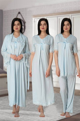Lace Detailed 4-Piece Maternity-Nursing Set Blue - 5036