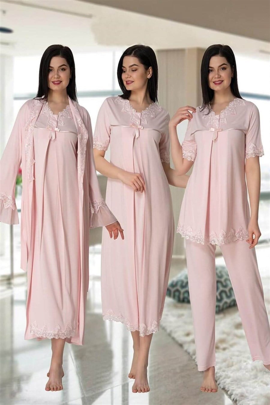 Lace Detailed 4-Piece Maternity-Nursing Set Pink - 5036