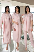Lace Detailed 4-Piece Maternity-Nursing Set Pink - 5036