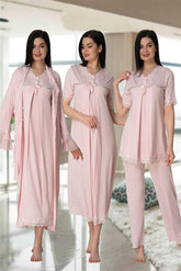 Lace Detailed 4-Piece Maternity-Nursing Set Pink - 5036