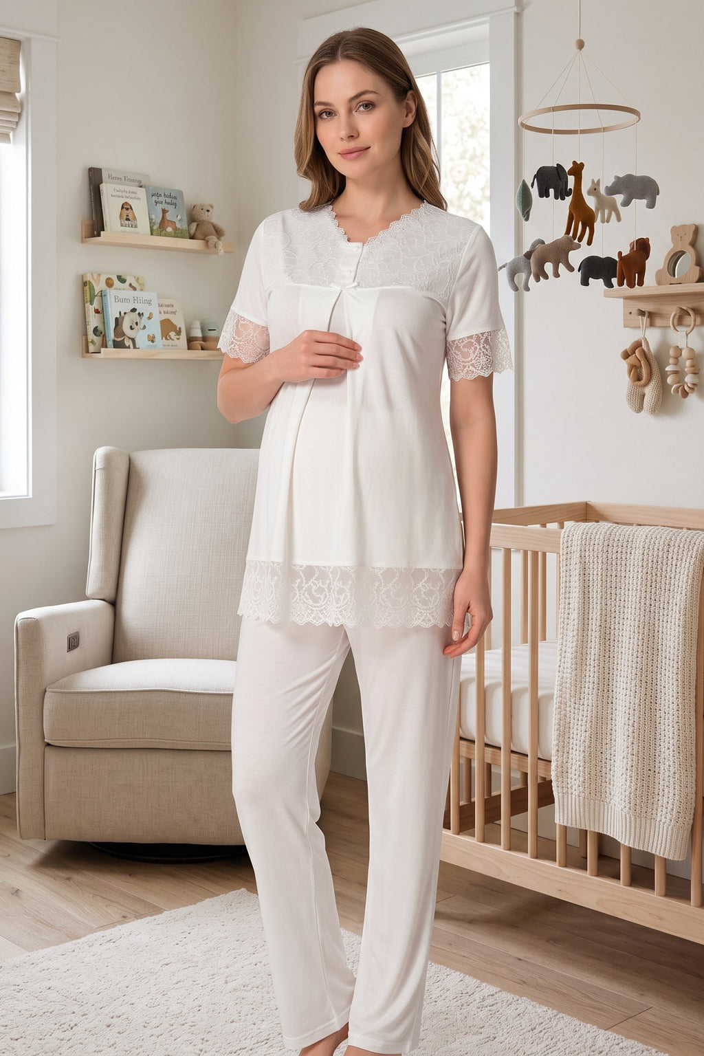 Lace Trim Maternity & Nursing Pajama Set Ecru - 5042